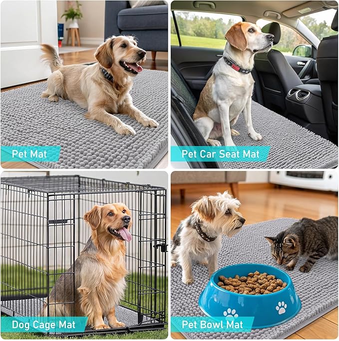 OLANLY Dog Door Mat for Muddy Paws 40x24, Absorbs Moisture and Dirt, Absorbent Non-Slip Washable Doormat, Quick Dry Chenille Mud Mat for Dogs, Entry Indoor Entryway Carpet for Inside Floor, Light Grey