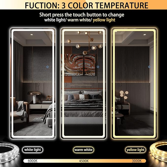 Hasipu LED Door Mirror Full Length, 44.1" x 15.8" Lighted Over The Hanging, Full Body Wall Mounted, Light Up Long Dressing, Round White