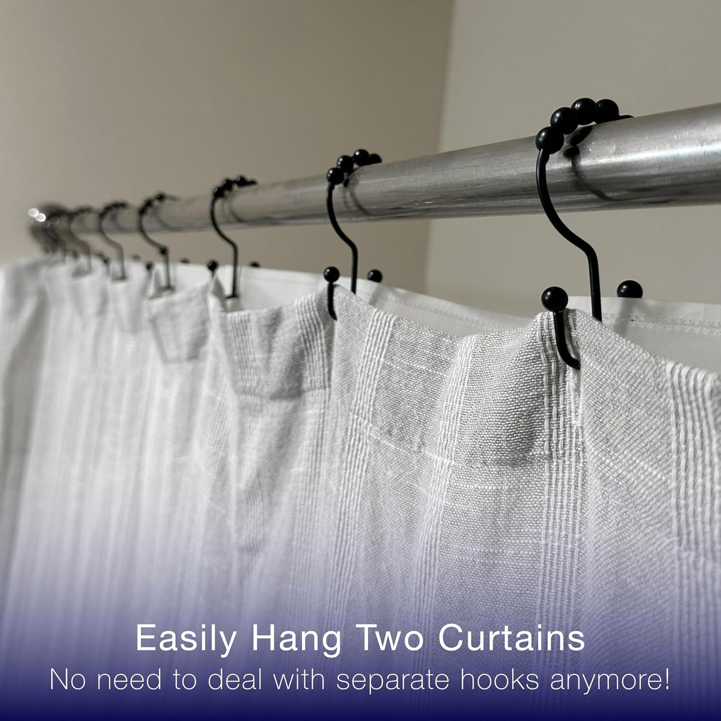 2lbDepot Double Shower Curtain Hooks Rings (Matte Black Decorative Finish) Premium Rust Resistant Stainless Steel Metal Hook, Roller Balls Glide on Shower Rods, Set of 12 pieces