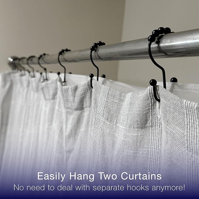 2lbDepot Double Shower Curtain Hooks Rings (Matte Black Decorative Finish) Premium Rust Resistant Stainless Steel Metal Hook, Roller Balls Glide on Shower Rods, Set of 12 pieces