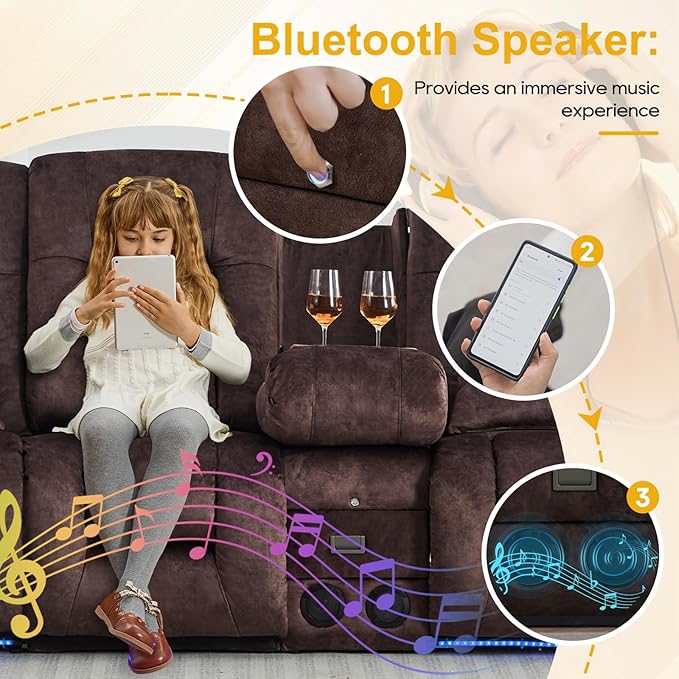 IPKIG 89" Power Reclining Loveseat Sofa, Electric Home Theater Seating with Console/4 Colors Ambient Lighting/Bluetooth Speakers/USB Ports/Built-in Outlets (Brown, 3-Seater with Console)
