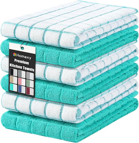 Homaxy Premium Cotton Kitchen Towels 16"x 28", Large Natural Ring Spun 390 GSM Dish Towels, Super Absorbent Terry Kitchen Hand Towels, Soft Tea Towel with Hanging Loop, Aqua Check Design, 6 Pack