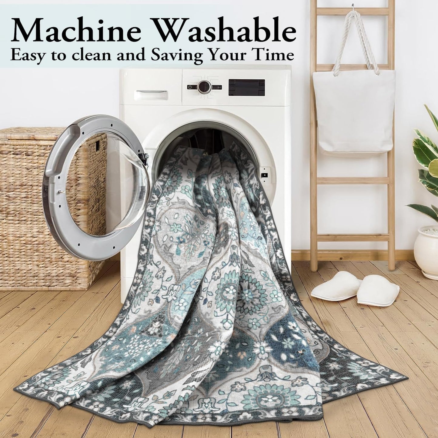 Lahome Moroccan Trellis Washable Rugs 9x12, Soft 9x12 Area Rug for Living Room Bedroom, Ultra-Thin Non-Slip Non Shedding Distressed Throw Large Carpet for Dining Room Office, Blue