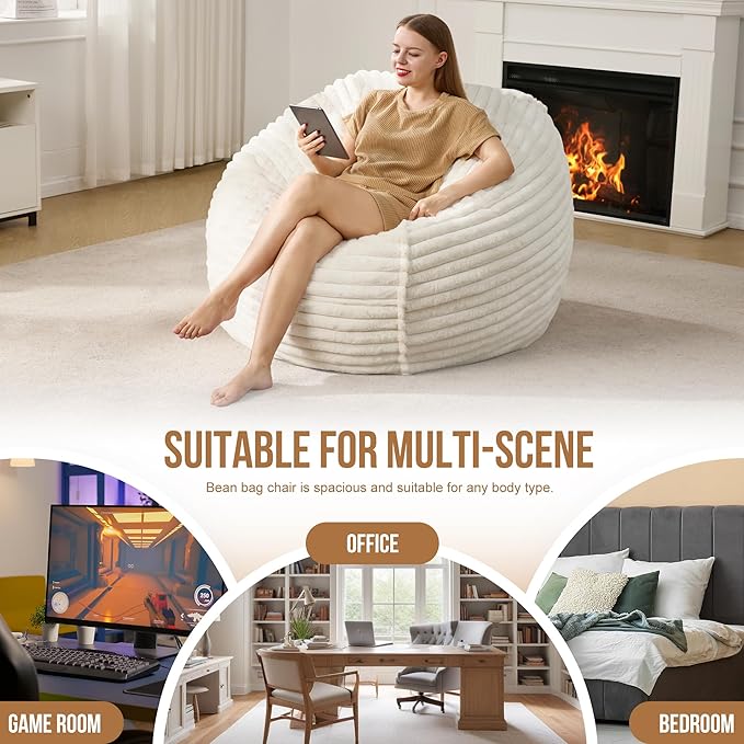 Hobestluk 4ft Bean Bag Chairs for Adults Large Beanbag Chair with Dutch Corded Plush Cover Big Bean Bag Chair for Living Room Bedroom Dorm Office - White (42" x 42" x 24")