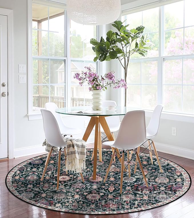 Lahome Moroccan Trellis Washable Round Area Rug, Soft Round Rugs 6ft Ultra-Thin Non-Slip, Vintage Large Circle Carpet for Bedroom Living Room Kitchen Nursery, Black/Multi