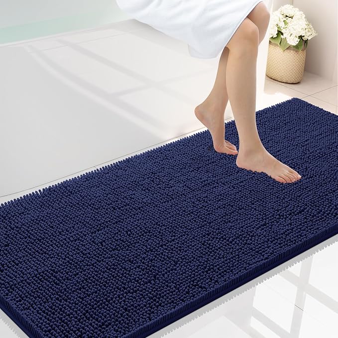 Smiry Luxury Chenille Bathroom Rugs 59x24, Extra Soft and Absorbent Shaggy Bath Mat, Machine Washable, Non-Slip Plush Carpet Runner for Tub, Shower, and Floor, Home Decor Accessories, Navy Blue