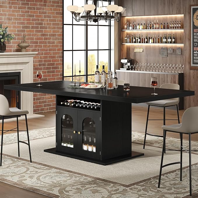 HSH Black Dining Table for 4 to 6, Modern Kitchen Dining Room Table with 3-Tier Storage Shelf and Acrylic Door Cabinet, Rectangular Wooden Dinner Tables for Home Kitchen Living Room, Black Oak，63 in