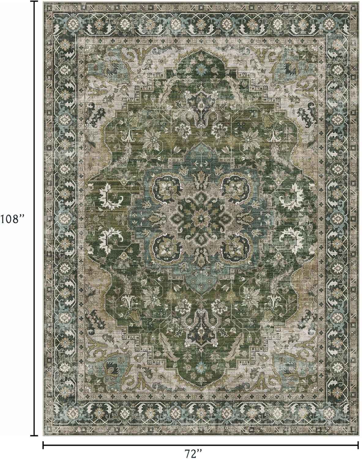 6x9 Area Rug for Living Room - Large Oriental Washable Rugs for Bedroom Non-Slip Moss Green Stain Resistant Dining Room Rug Farmhouse Low-Pile Carpet Soft Vinatge Rug for Office Guest Room