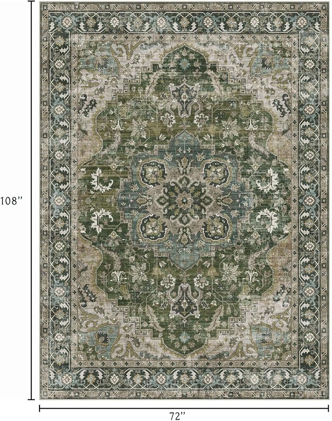 6x9 Area Rug for Living Room - Large Oriental Washable Rugs for Bedroom Non-Slip Moss Green Stain Resistant Dining Room Rug Farmhouse Low-Pile Carpet Soft Vinatge Rug for Office Guest Room