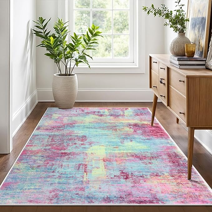 IOHOUZE Abstract Area Rug 4x6 Ft Washable Rugs for Entryway Indoor, Non Slip Small Living Room Rugs Printed Faux Wool Throw Rug, Floor Carpet for Kitchen Nursery Playroom, Pink Teal