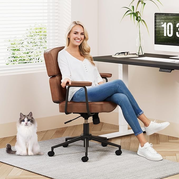 FLEXISPOT Vanity Chair with High Back Makeup Chair for Vanity Desk, Comfortable Home Office Desk Chairs 23.4 * 20.1in Wide Seat Cross Legged Office Chair with Wheels, Brown