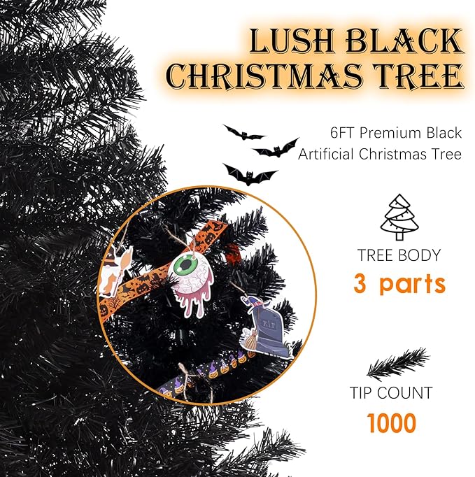 6FT Black Christmas Tree, Large Artificial Halloween Tree with 1000 Tips, Metal Hinges & Base, Premium Spruce Xmas Tree Outdoor Party Decor