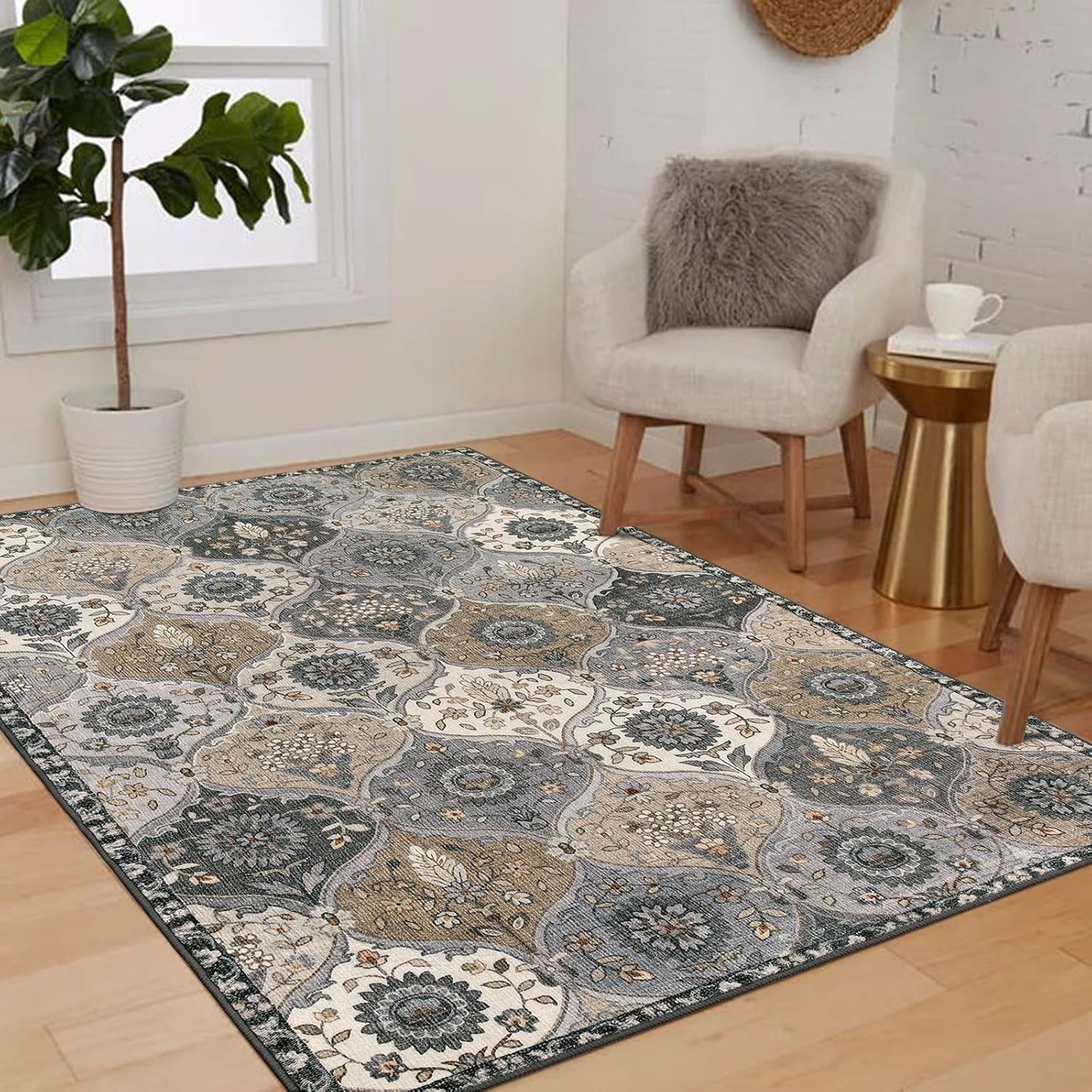Lahome Moroccan Trellis Washable Area Rugs, 3x5 Rug for Bedroom Entryway Indoor Non-Slip, Small Oriental Accent Carpet for Living Room Kitchen Bathroom Office, Grey