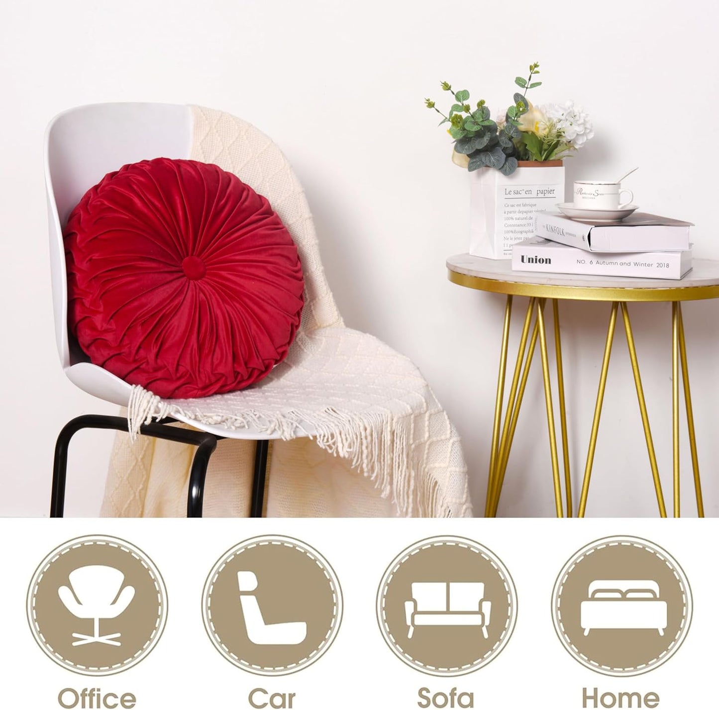 HIG Set of 2 Red Ruched Velvet Round Throw Pillows – 14.5’’ Decorative Pillows with Soft Polyester Filling for Couch, Bed, Living Room, Bedroom, or Dorm – Handmade, Stress Relieving, All-Season