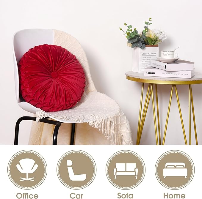 HIG Set of 2 Red Ruched Velvet Round Throw Pillows – 14.5’’ Decorative Pillows with Soft Polyester Filling for Couch, Bed, Living Room, Bedroom, or Dorm – Handmade, Stress Relieving, All-Season