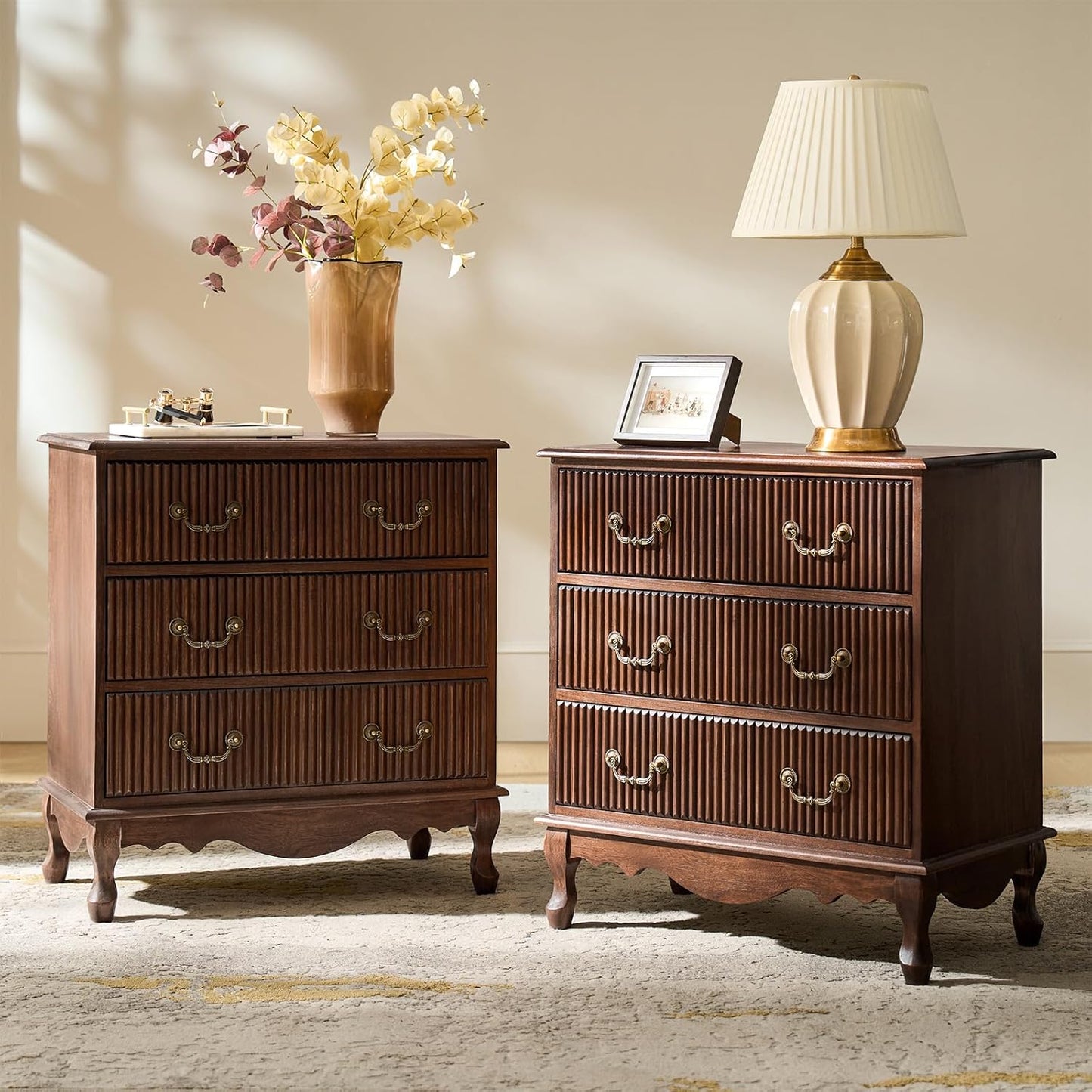 HULALA HOME Transitional Nightstand Set of 2 with 3 Drawers and Charging Station, 28" Solid Paulownia Wood Nightstand with Fluted Front Design, Walnut