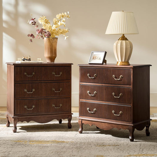 HULALA HOME Transitional Nightstand Set of 2 with 3 Drawers and Charging Station, 28" Solid Paulownia Wood Nightstand with Fluted Front Design, Walnut