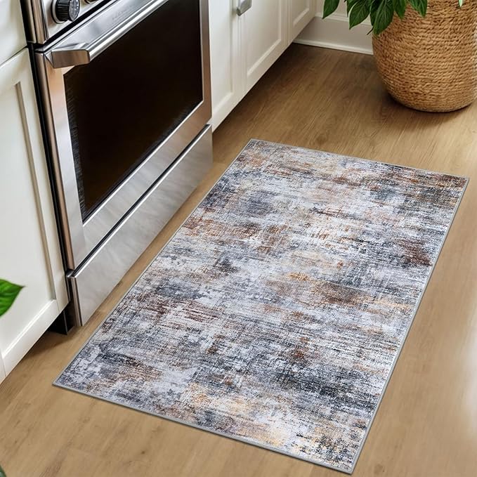 IOHOUZE Small Abstract Area Rug 2x3 Ft Entryway Rugs Washable Door Mat Indoor Entrance, Rubber Backed Throw Rugs, Printed Faux Wool Non Slip Floor Carpet for Foyer Front Door Sink, Orange Grey