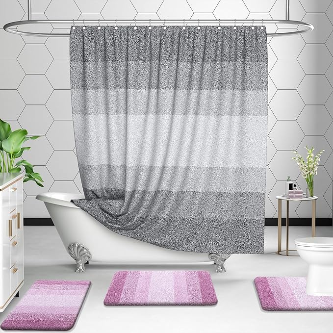 OLANLY Bathroom Rug Set 2 Piece, Soft Absorbent Microfiber Bath Mats and U-Shaped Contour Toilet Rug, Non-Slip, Machine Wash Dry, Plush Shaggy Bath Mats for Bathroom (24"x16"+24"x20", Pinkish-Purple)