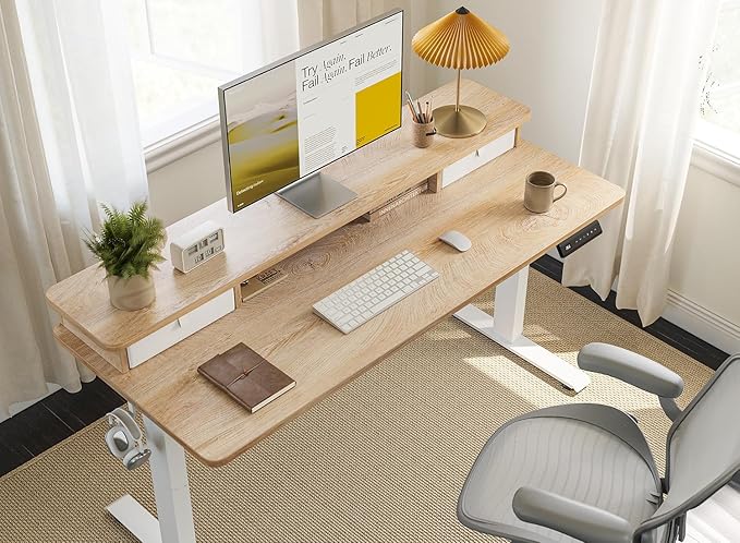 FEZIBO 63 x 28 Inch Deeper Height Adjustable Electric Standing Desk with Double Drawers, Sit Stand Up, Home Office Computer Desk with 4 Height-Adjustable Feets & 2 Hooks, White Frame/Maple Top