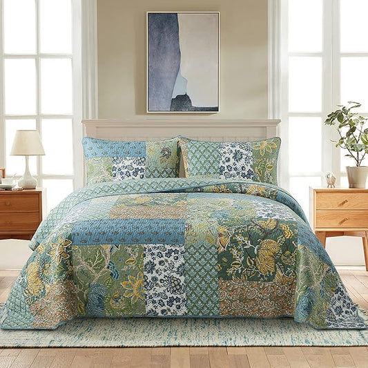 NEWLAKE Cotton Patchwork Bedspread, 3-Piece Bedding Quilt Set with Real Stitched Embroidery, Reversible Matelasse Bed Coverlet Set,Green Farmhouse Garden,Twin Size