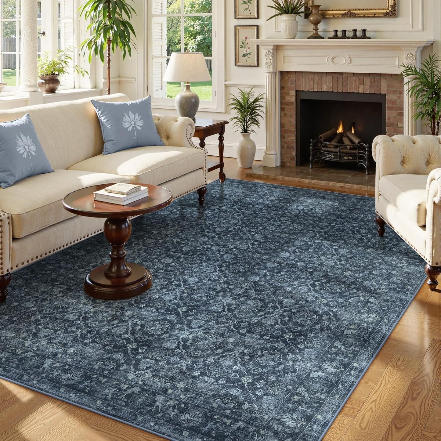 Vintage Blue Rugs for Living Room, Ultra-Thin Washable Rugs 8x10 Area Rugs for Bedroom Non Slip, Stain Resistant Vintage Carpet Rug for Dining Room High Traffic Area (8'x10', Blue)