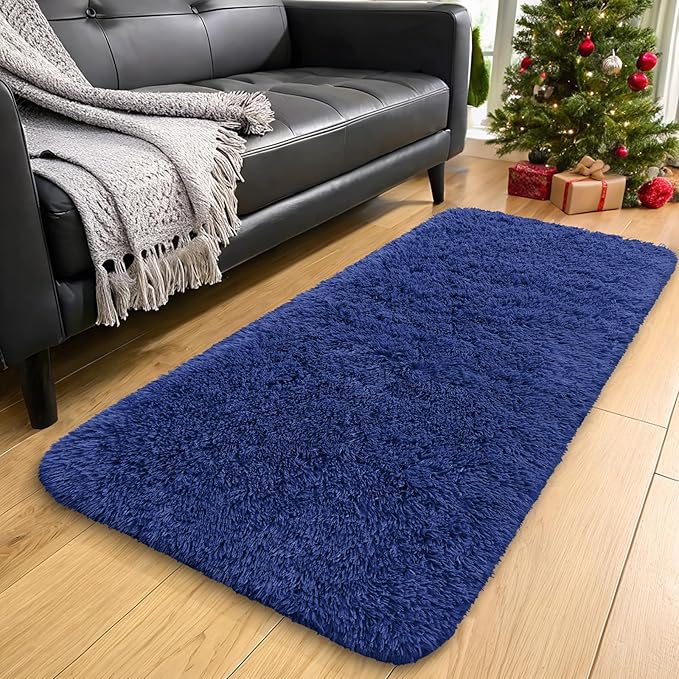 OLANLY 2x4 Machine Washable Runner Rugs for Hallway, Soft Fluffy Shaggy Bedside Rugs for Bedroom, Living Room, Indoor Floor Carpet for Kids Girls Boys, Nursery Rooms, Home Decor Aesthetic, Navy Blue