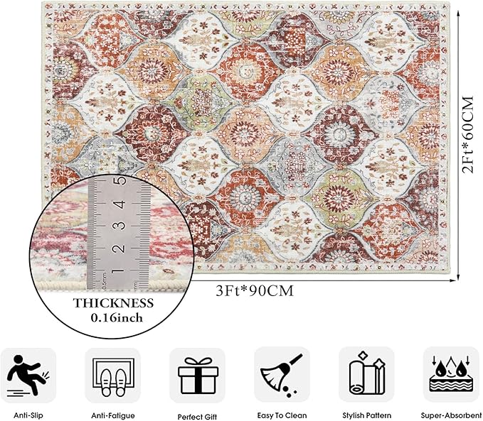 Lahome Moroccan Trellis Washable Orange Rug, 2x3 Entryway Rugs for Kitchen Bathroom, Non-Slip Indoor Door Mat Ultra-Thin, Small Throw Carpet for Bedroom Entry, Orange/Terracotta