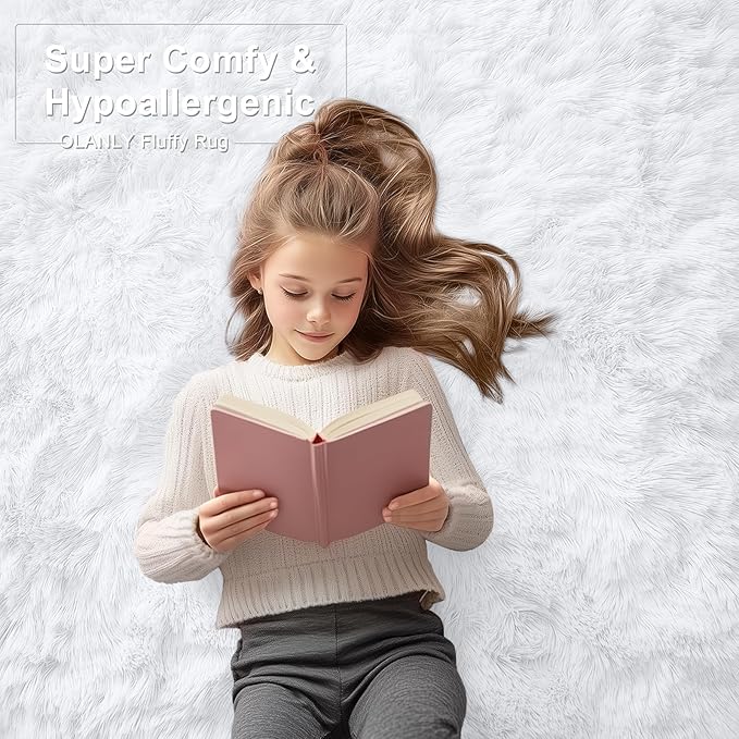 OLANLY 8x10 Machine Washable Large Area Rugs for Living Room, Bedroom, Soft Fluffy Shaggy Bedside Rug, Indoor Floor Carpet for Kids Girls and Boys, Dorms, Nursery, Home Decor Aesthetic, White