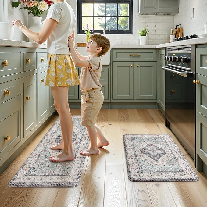 KIMODE Farmhouse Kitchen Mats,Anti Fatigue Kitchen Rugs Sets of 2, Non Slip Waterproof Kitchen Floor Mats, Ergonomic Cushioned Comfort Standing Mat for Laundry, Office, Sink,Desk,Blue