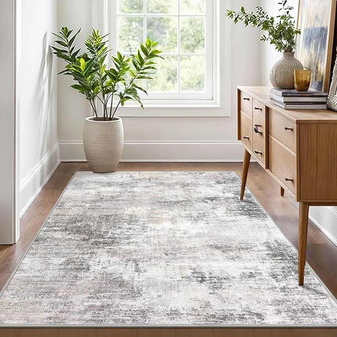 IOHOUZE Abstract Area Rug 4x6 Ft Washable Rugs for Entryway Indoor, Non Slip Small Living Room Rugs Printed Faux Wool Throw Rug, Floor Carpet for Kitchen Nursery Playroom, Grey Beige