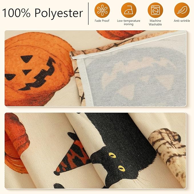 Halloween Table Runner with Spooky Pumpkins & Halloween Icons, Table Decoration for Dining Party and Home Decor,96x13 inches