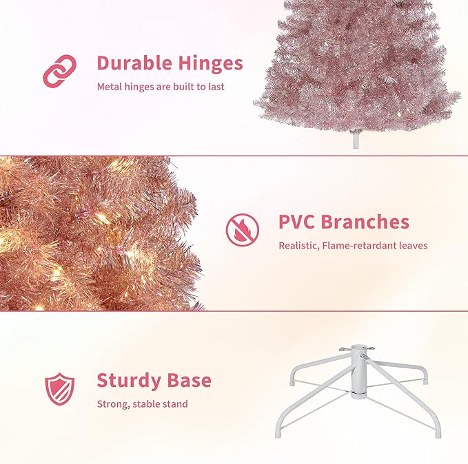 GarveeHome Rose Gold Tinsel Christmas Tree, 7.5ft Artificial Pencil Christmas Tree with Sturdy Metal Stand, Slim Skinny Xmas Holiday Decoration for Indoor, Home, Office, Party