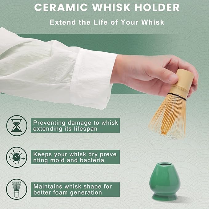 Matcha Whisk Set 6Pcs,Matcha Whisk (Chasen) and Holder,Matcha Bowl with Spout,Matcha Sifter and Matcha Spoon,Scoop for Matcha Maker Dark Green