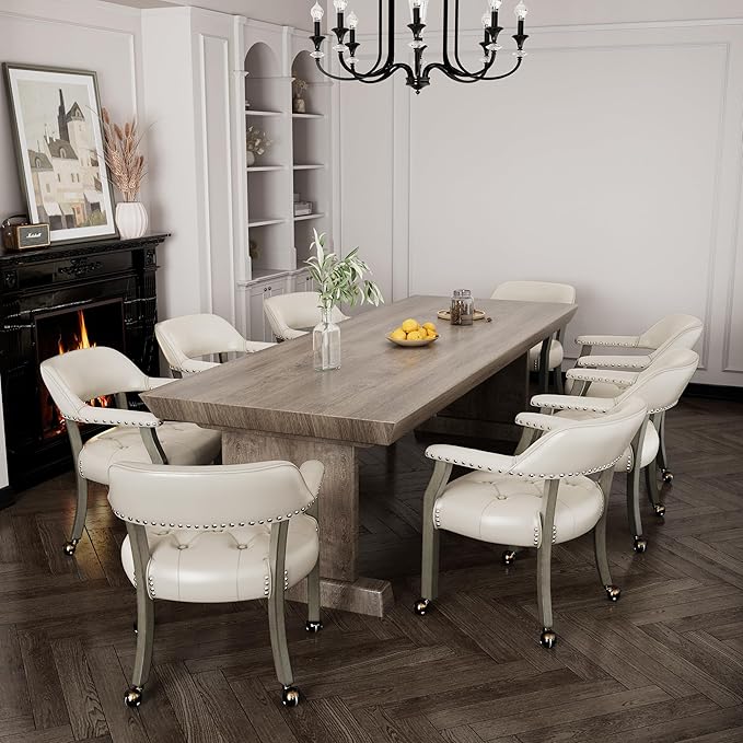 MODERION Dining Chair with Wheels and Arms - Solid Wood Boss Captain's Chair, Office Desk Swivel Accent Chair, Upholstered, 31.5"H for Living Room, White SY1318WT