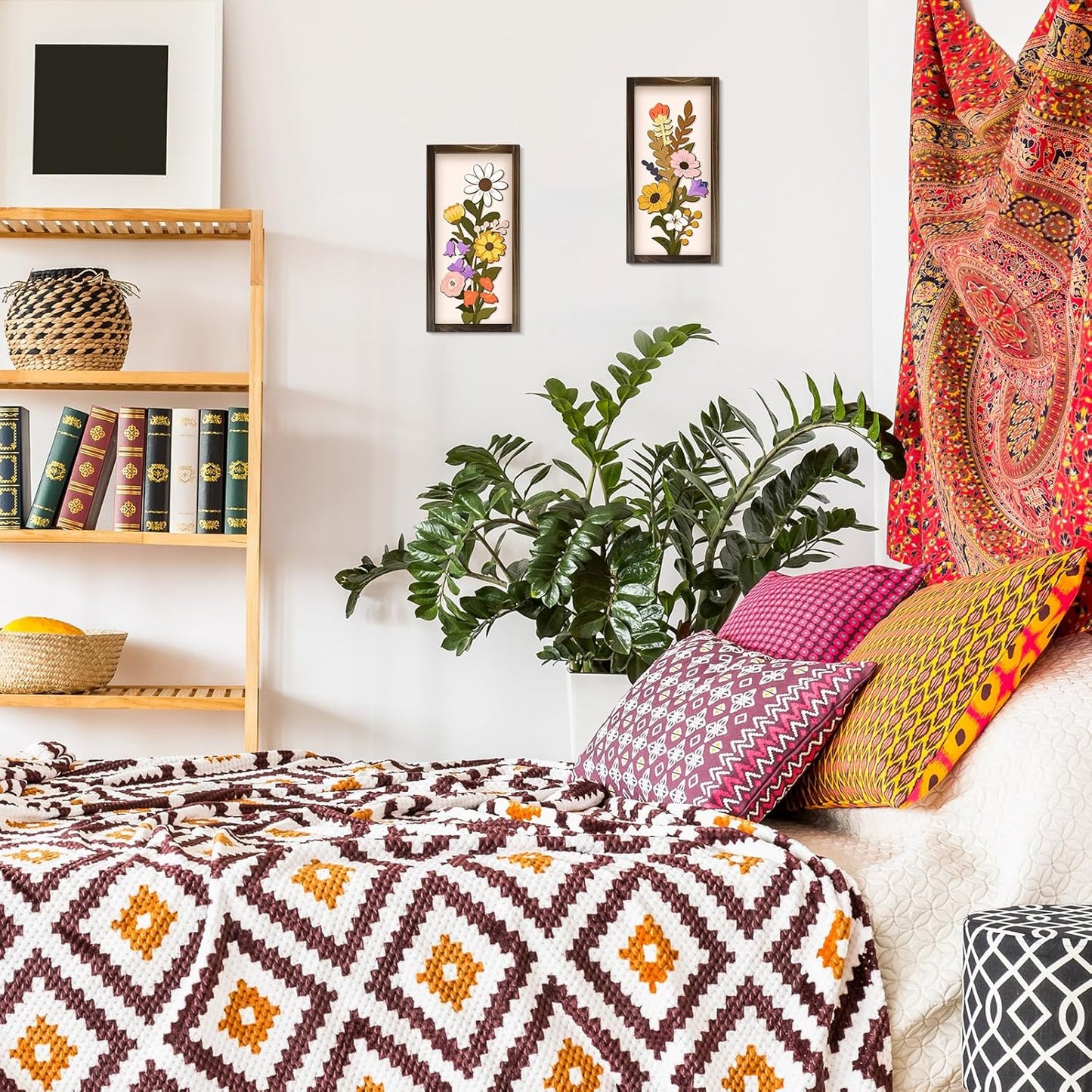 Kas Home 3D Floral Wall Art, 2 Set Rustic Wood Boho Flower with Vase Framed Wall Decor for Bathroom Living Room Bedroom Office Housewarming Gift, Ready To Hang Plaque Sculptures (White-A, 6L" x 12W", Framed)