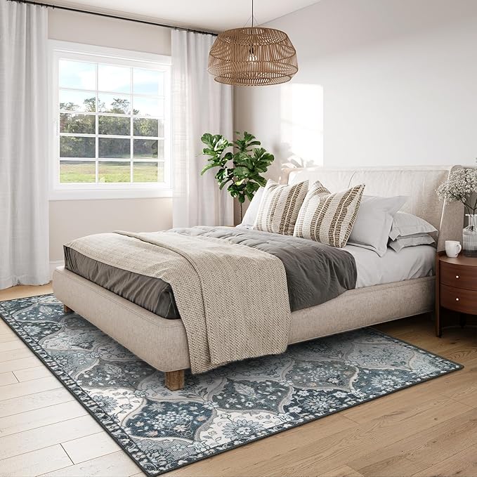 Lahome Moroccan Washable Living Room Rug, 5x8 Rugs for Bedroom Dining Room, Soft Non-Slip Non Shedding Boho Distressed Throw Carpet for Nursery Office, Blue