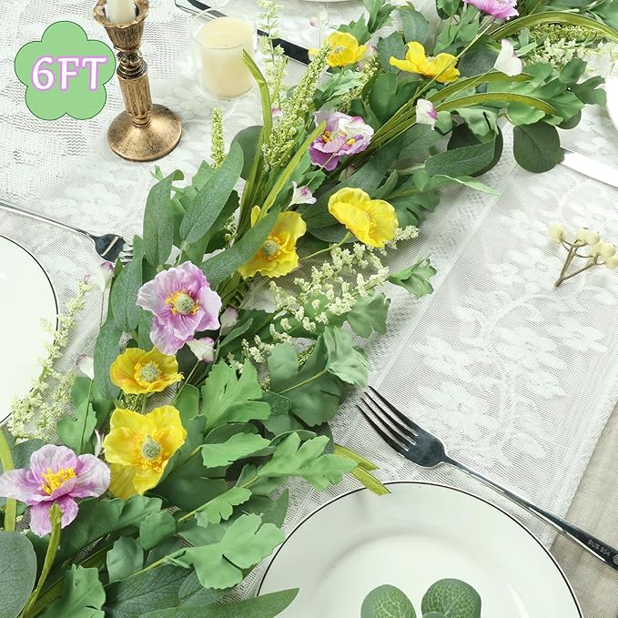 6FT Spring Garland for Decoration, Summer Green Eucalyptus Flower Garlands for Mantle Table Wedding Decor, Fake Vines Greenery Easter Garland Backdrop Floral Arch Wall Room Garden Farmhouse Home Decor