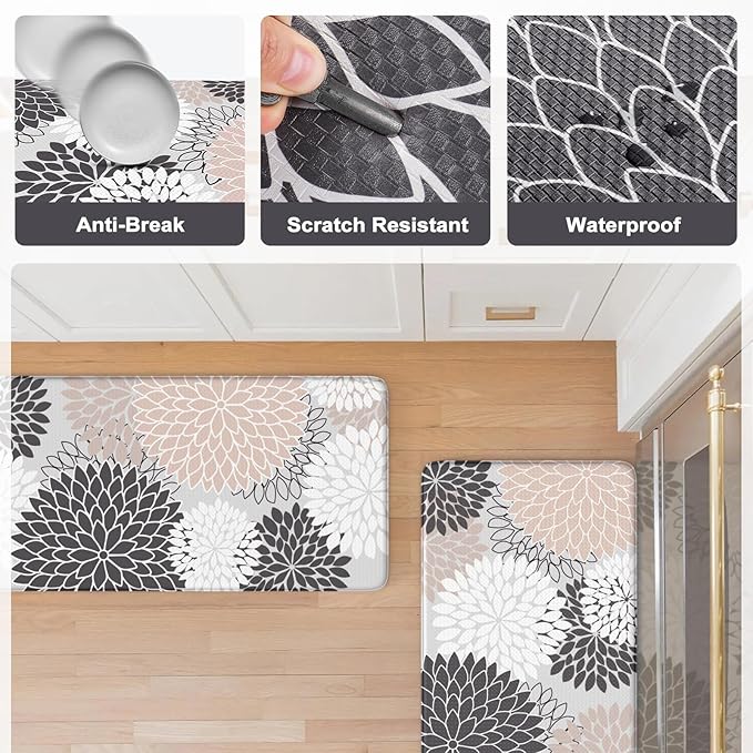 KIMODE Anti Fatigue Kitchen Mats for Floor, Boho Floral Kitchen Rugs Sets of 2, Non Slip Waterproof Kitchen Floor Mats, Memory Foam Kitchen Mat for Sink, Laundry, Office, Desk Pink 20"x47"+20"x32"