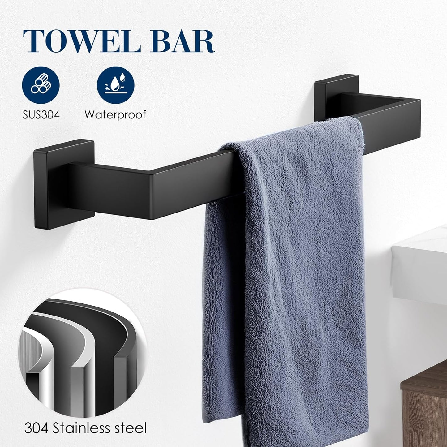 7-Pieces Towel Racks for Bathroom, SUS304 Matte Black Bathroom Accessory Set, Stainless Steel Black Bathroom Accessories, Stainless Steel Wall Mounted, Bath Towel Bar Set