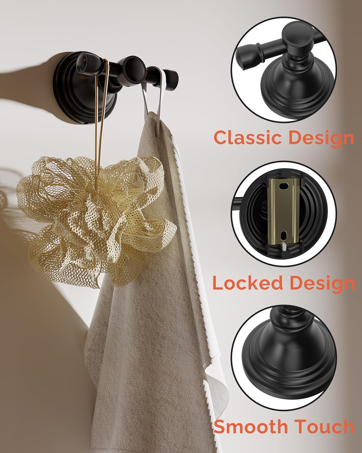 Towel Hook for Bathrooms, Stainless Steel Robe Coat Hook Wall Mount, Heavy Duty Towel Hanger for Kitchen, Bedroom or RV (Matte Black)