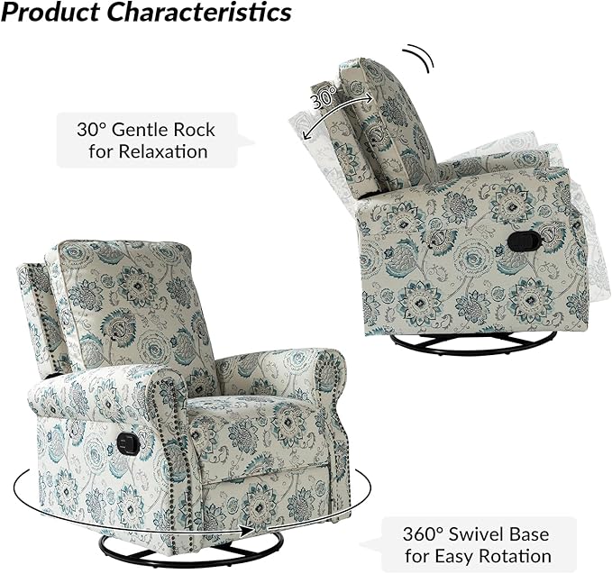 HULALA HOME Modern Rocker Recliner, Printed Fabric Swivel Glider with Adjustable Backrest & Footrest, Comfy Upholstered Manual Recliner Chair Home Theater Singe Sofa for Bedroom Living Room, MEDALLION