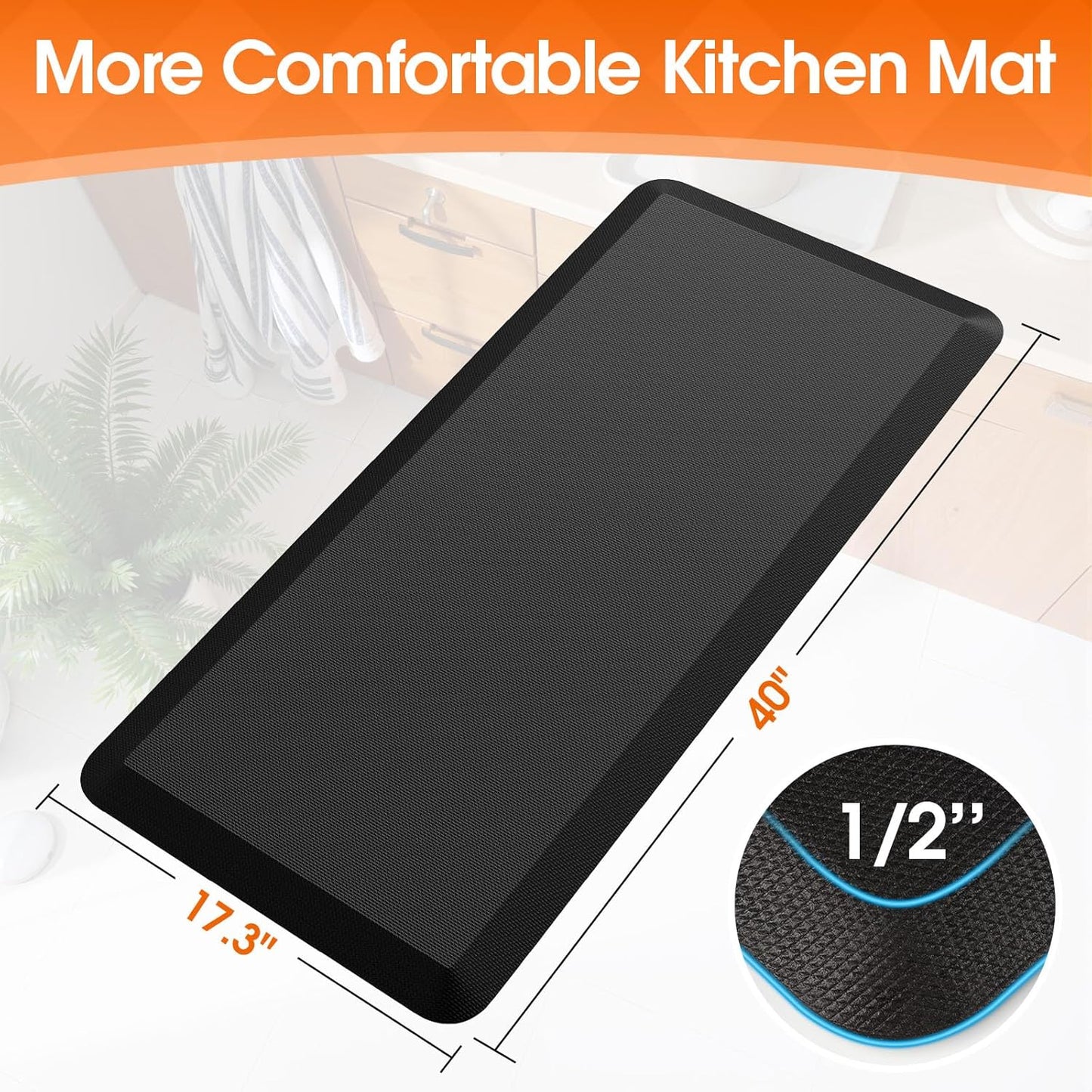 Kitchen Mat, Cushioned Thick Floor Comfort Mat, with Non-Slip Bottom, Waterproof & Stain Resistant & Easy Clean, Standing Desk Mat for Kitchen, Sink, Office (17.3''x39'', Black)