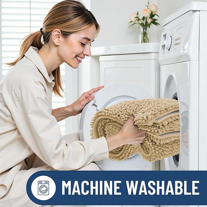 Smiry Luxury Chenille Bathroom Rugs 24x16, Extra Soft and Absorbent Shaggy Bath Mat, Machine Washable, Non-Slip Plush Carpet Runner for Tub, Shower, and Floor, Home Decor Accessories, Beige