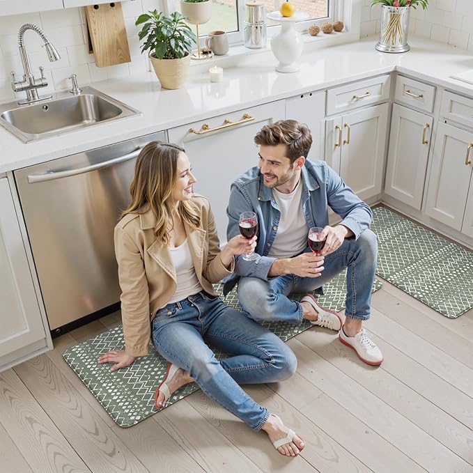 KIMODE Kitchen Mats for Floor Anti Fatigue, Green Boho Kitchen Rugs Sets of 2, Cushioned Kitchen Floor Mats, Comfort Standing Mat for Sink Laundry Office Desk 17"x47"+17"x29"