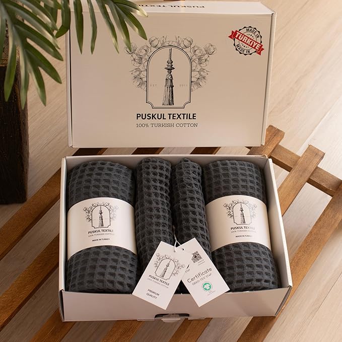 Püskül - Luxury Waffle Towel Set for Bathroom 4 Pieces Anthracite, Premium Quality Organic 100% Turkish Cotton 2 Hand and 2 Bath Towels, Quick Dry Thin Waffle Towels, Made in Turkiye (anthracithe)