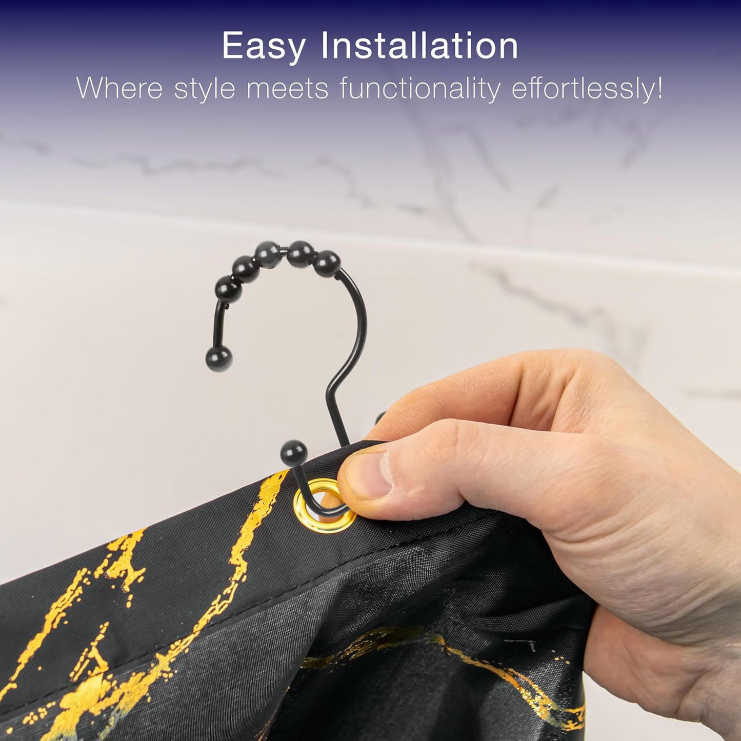 2lbDepot Double Shower Curtain Hooks Rings (Matte Black Decorative Finish) Premium Rust Resistant Stainless Steel Metal Hook, Roller Balls Glide on Shower Rods, Set of 12 pieces