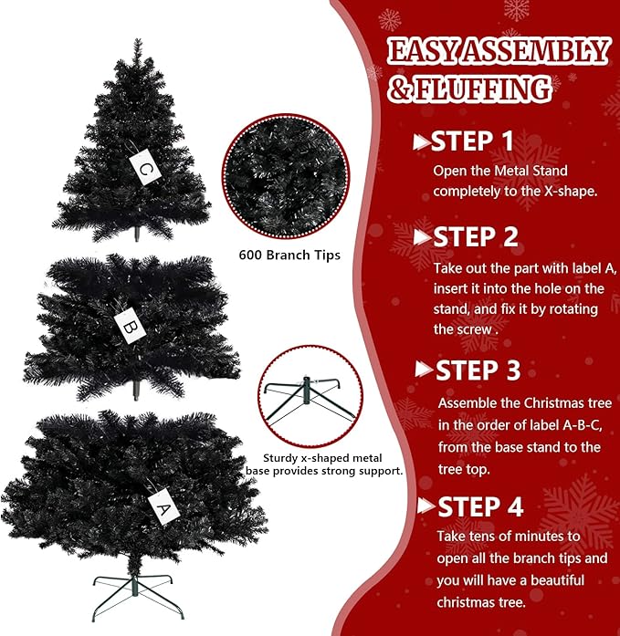 5ft Artificial Christmas Tree, Arbol de Navidad with 600 Branch Tips, Fake Christmas Tree, Premium Spruce Xmas Tree with Fold-Able Metal Base Stand-Black