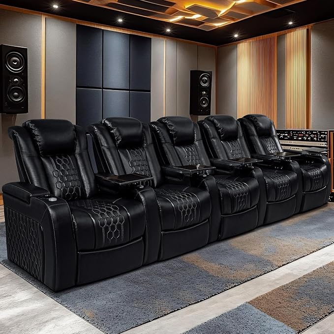 Home Theater Seating, Living Room, Heat & Massage, Powered Headrest, Powered Lumbar, Italian Leather, Powered Recline, Single Recliner (Black, Row of 5)