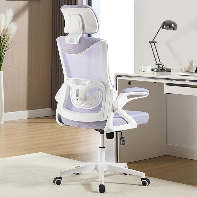 Fizzin Ergonomic Office Chair,Ergonomic Desk Chair with Headrest Purple Computer Chair with High Back Adjustable Lumbar Support, Rolling Swivel Chairs with Wheel Armrests for Home Office (Lavender)